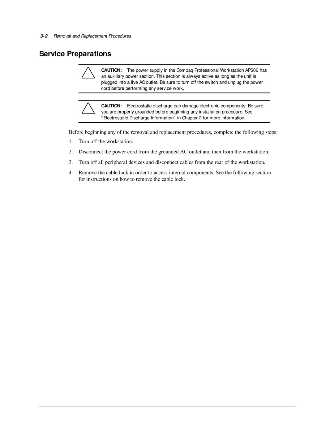 Compaq AP500 manual Service Preparations, 2Removal and Replacement Procedures 