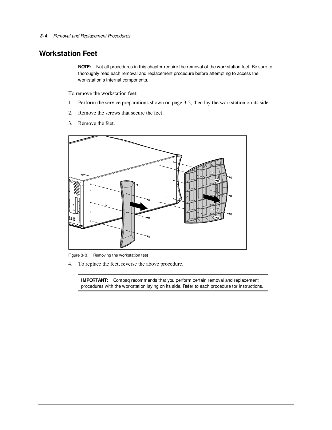 Compaq AP500 manual Workstation Feet, 4Removal and Replacement Procedures 