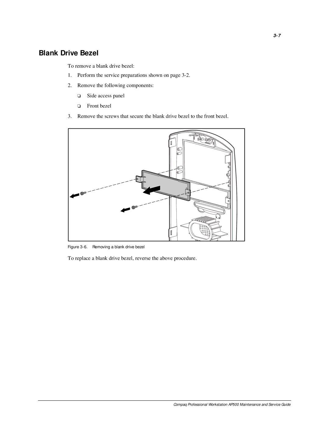 Compaq AP500 manual Blank Drive Bezel, Removing a blank drive bezel 