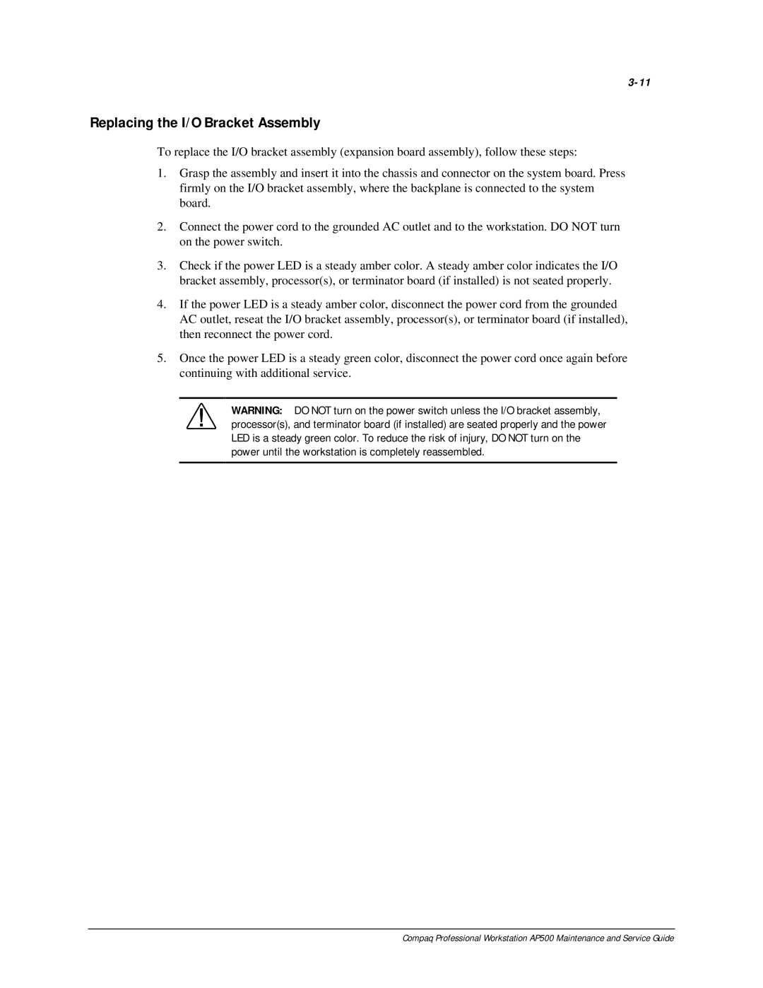 Compaq AP500 manual Replacing the I/O Bracket Assembly 