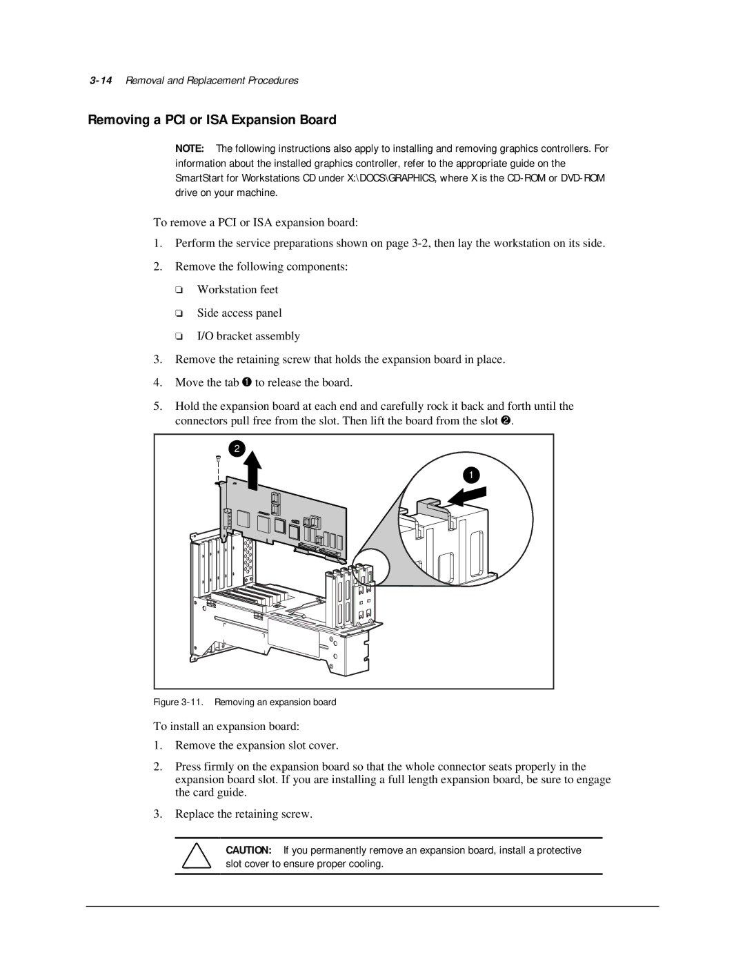 Compaq AP500 manual Removing a PCI or ISA Expansion Board, 14Removal and Replacement Procedures 