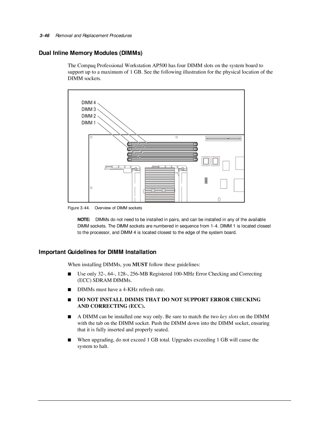 Compaq AP500 manual Dual Inline Memory Modules DIMMs, Important Guidelines for Dimm Installation 