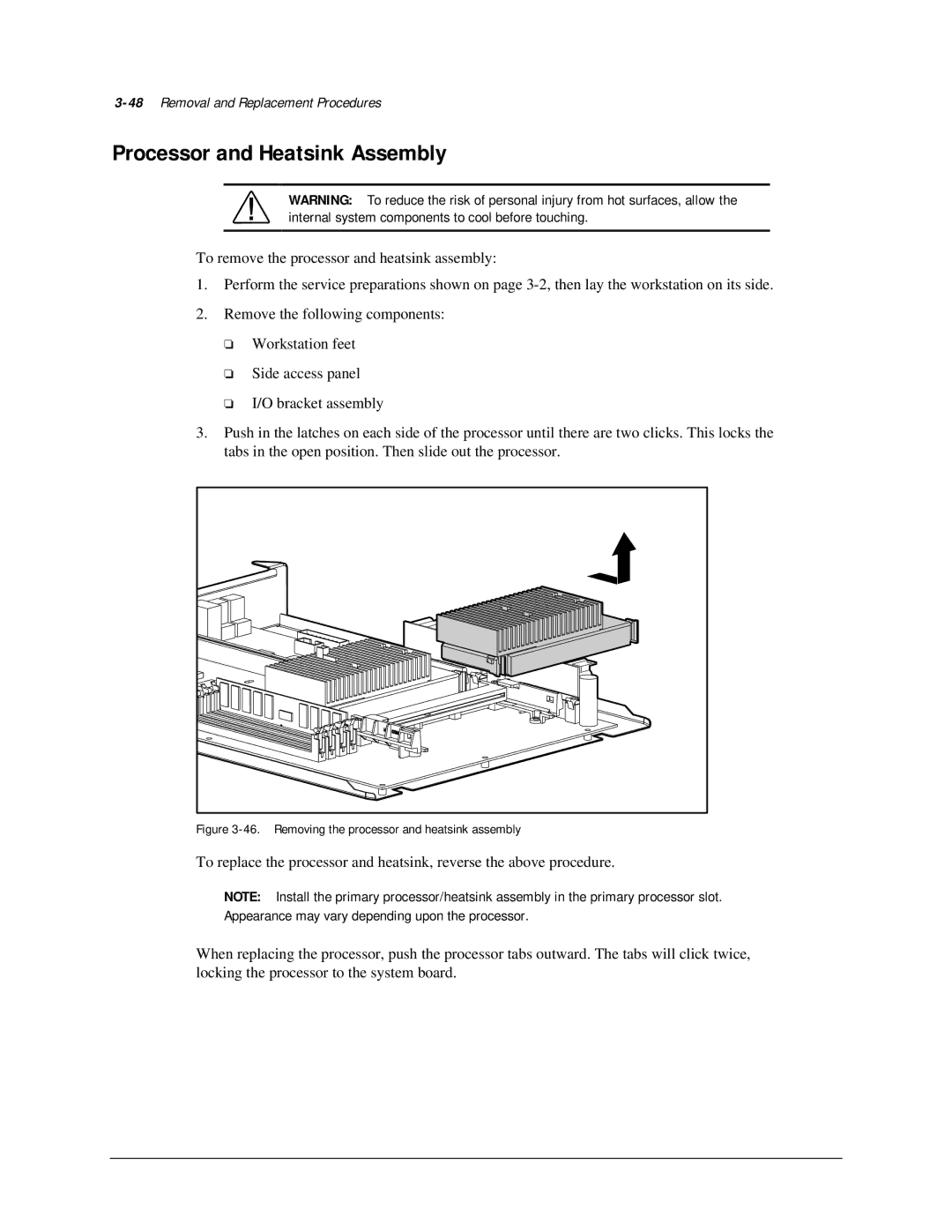 Compaq AP500 manual Processor and Heatsink Assembly, 48Removal and Replacement Procedures 