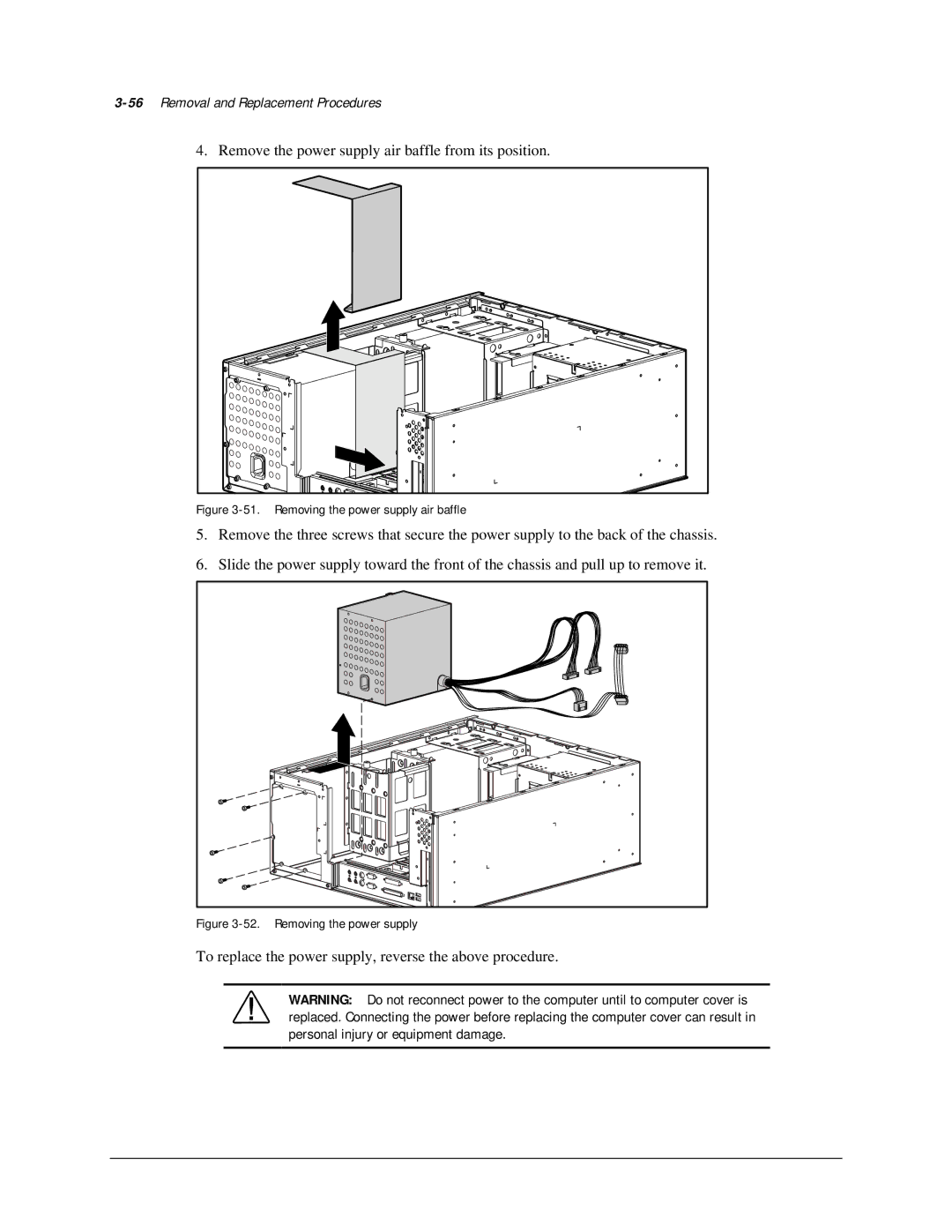 Compaq AP500 manual 56Removal and Replacement Procedures, Removing the power supply air baffle 