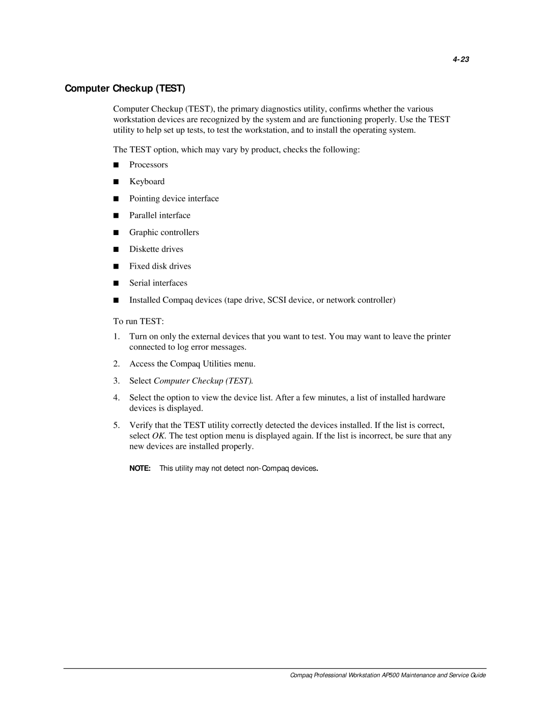 Compaq AP500 manual Select Computer Checkup Test 