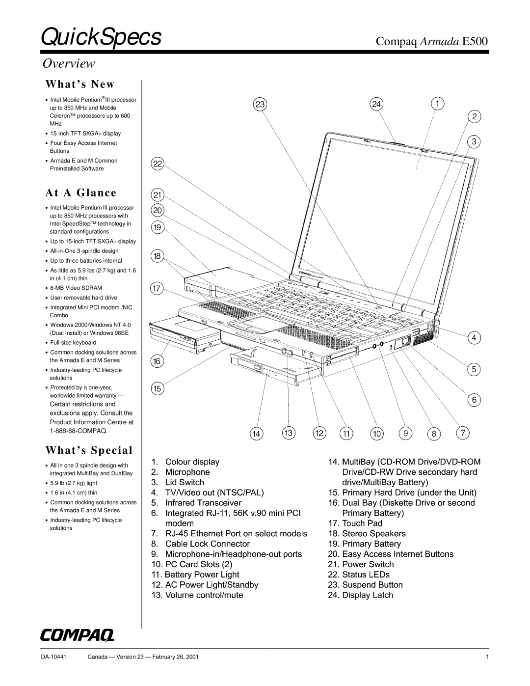 Compaq Armada E500 warranty QuickSpecs, Overview 