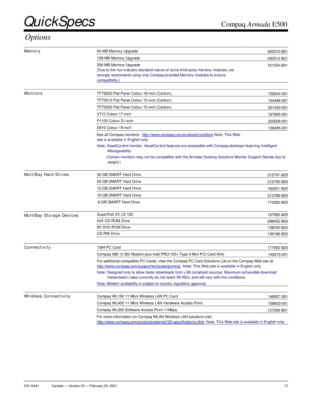 Compaq Armada E500 warranty Options 