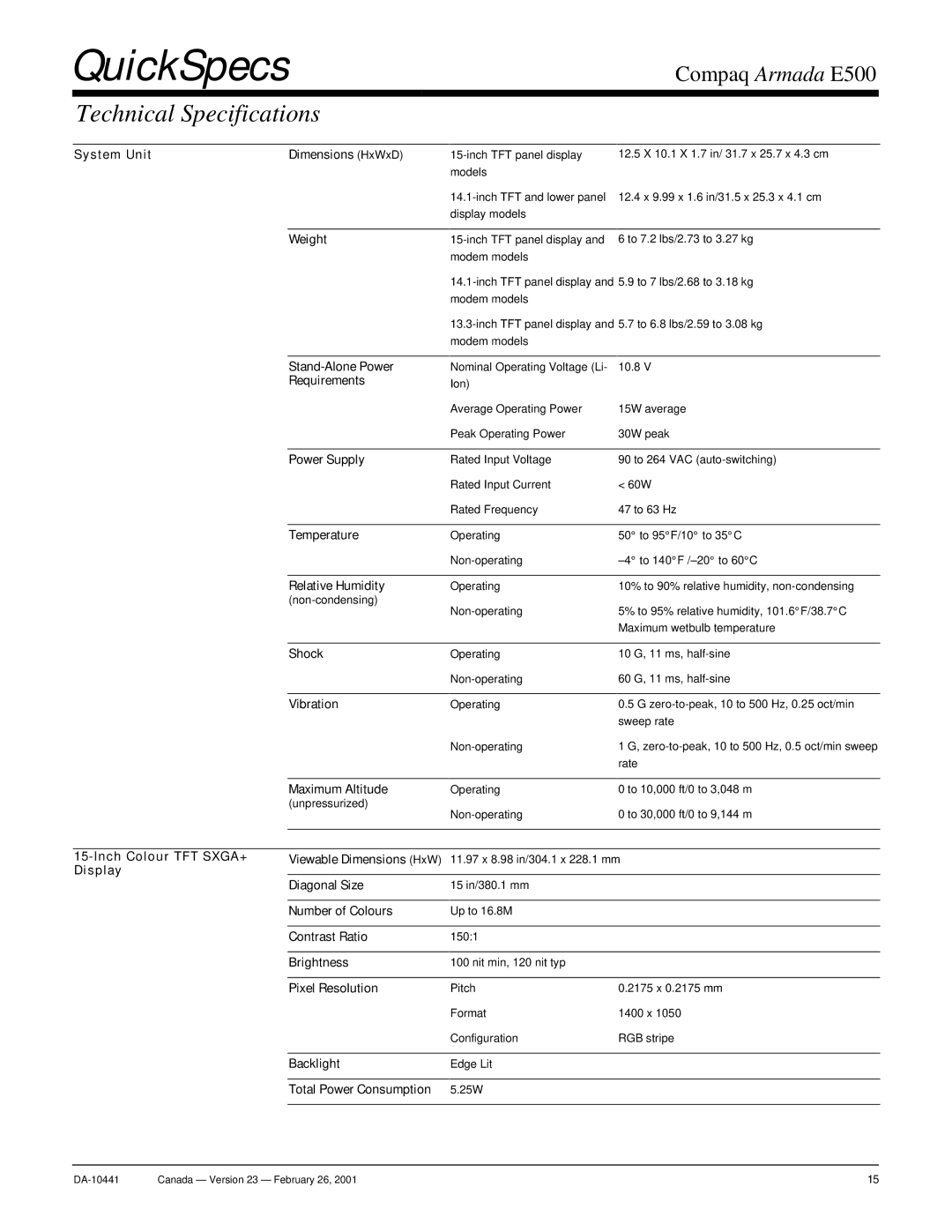 Compaq Armada E500 warranty Technical Specifications 