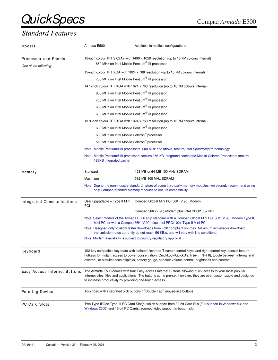 Compaq Armada E500 warranty Standard Features 