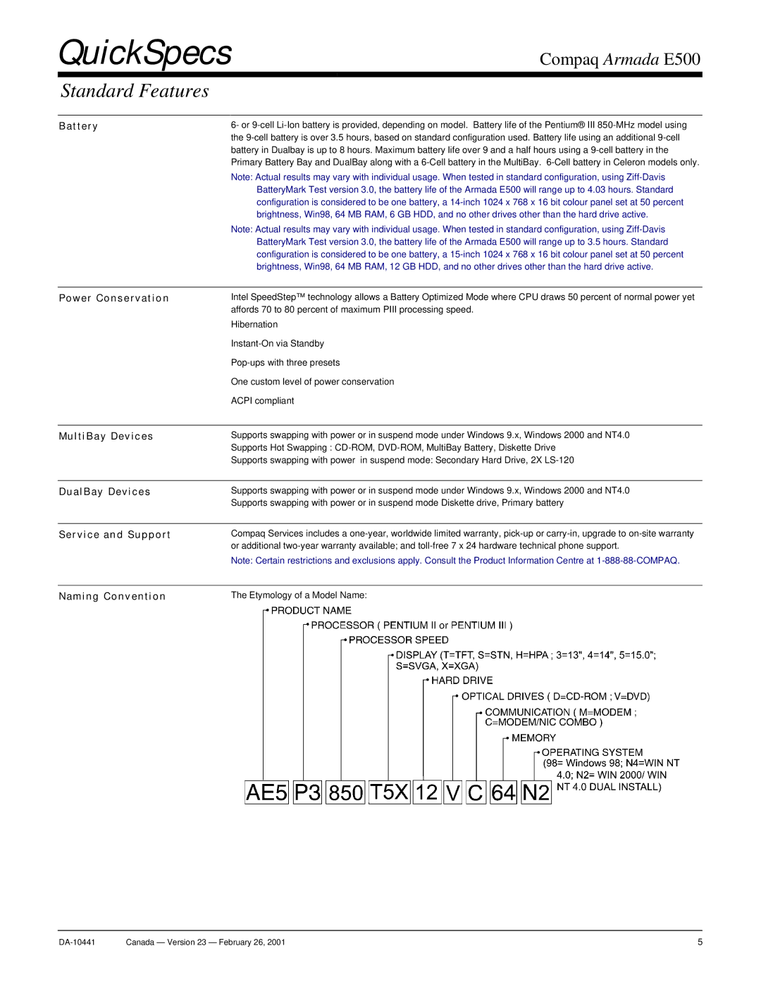 Compaq Armada E500 warranty Battery, Power Con servation, MultiBay Devices, DualBay Devices, Ser vice and Support 