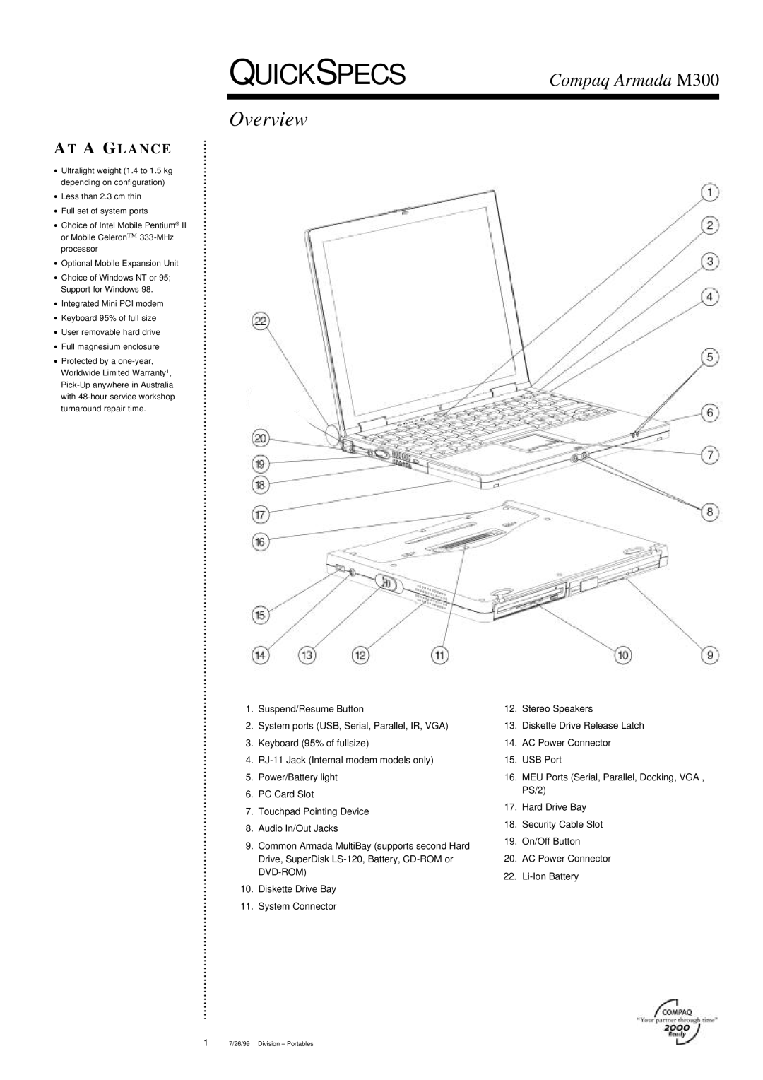 Compaq Armada M300 warranty Overview, A G L a N C E 