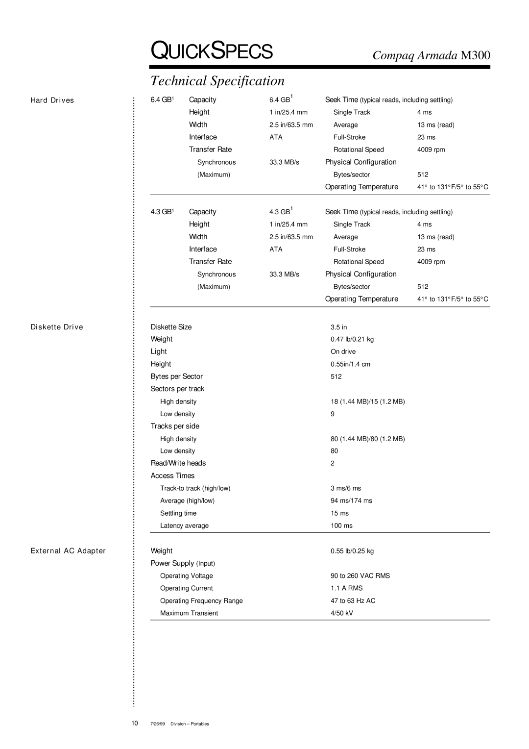 Compaq Armada M300 warranty Technical Specification 