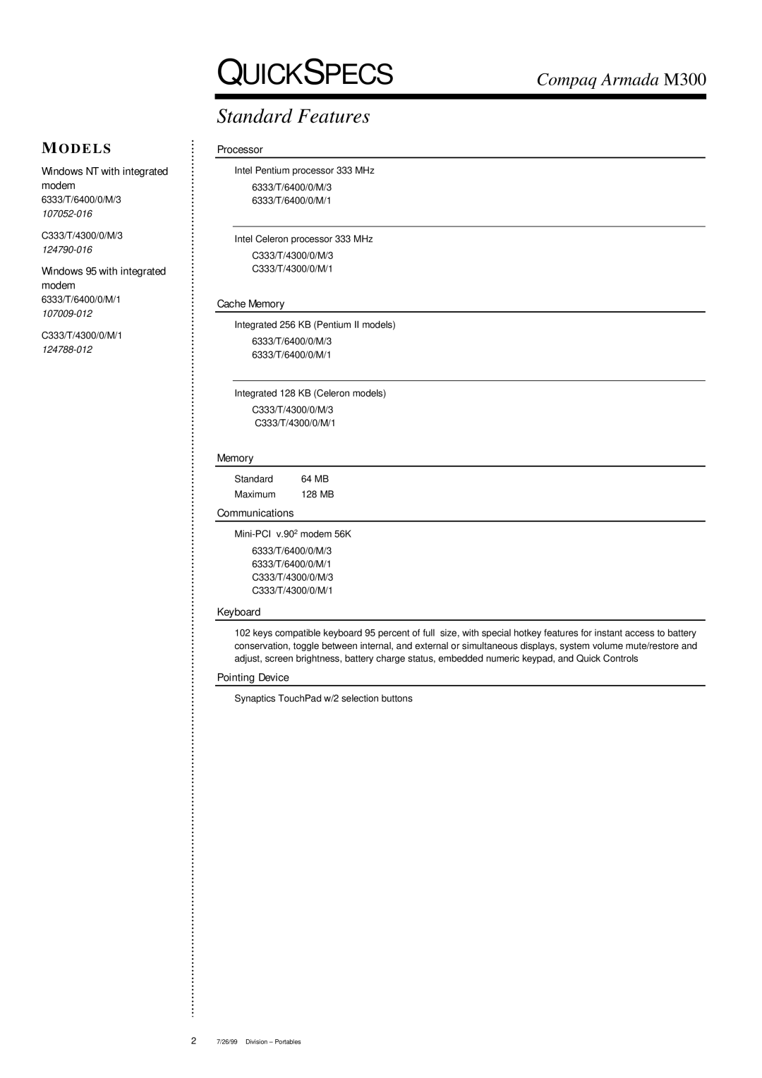 Compaq Armada M300 warranty Standard Features, D E L S 