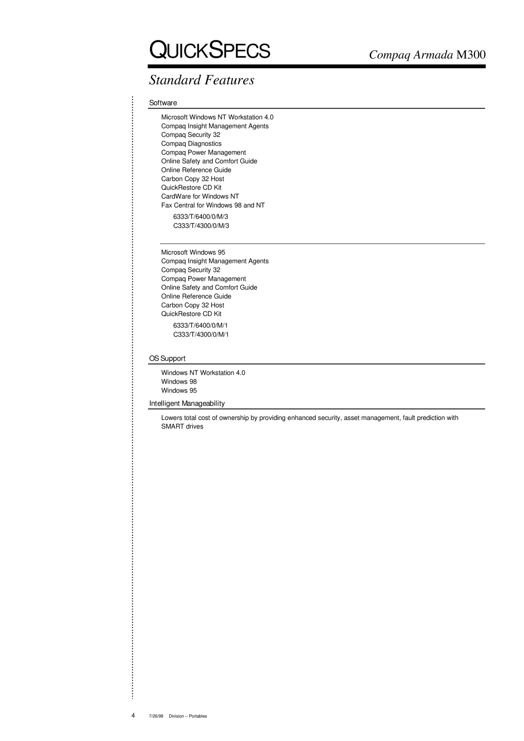 Compaq Armada M300 warranty Software, OS Support, Intelligent Manageability 