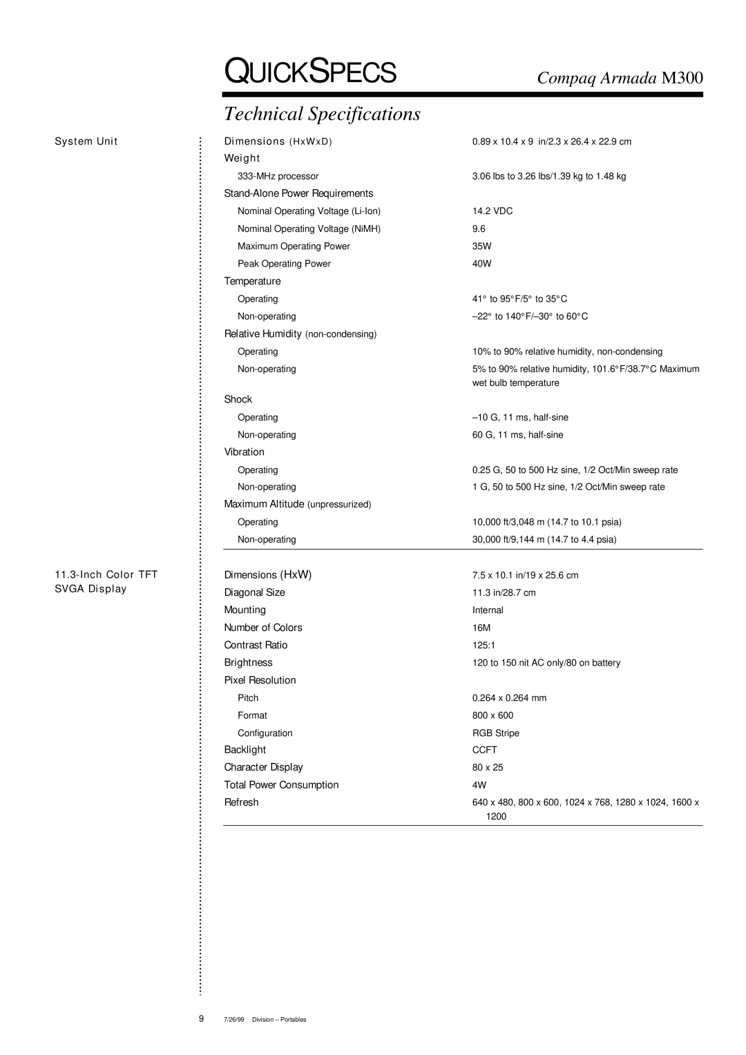 Compaq Armada M300 warranty Technical Specifications 