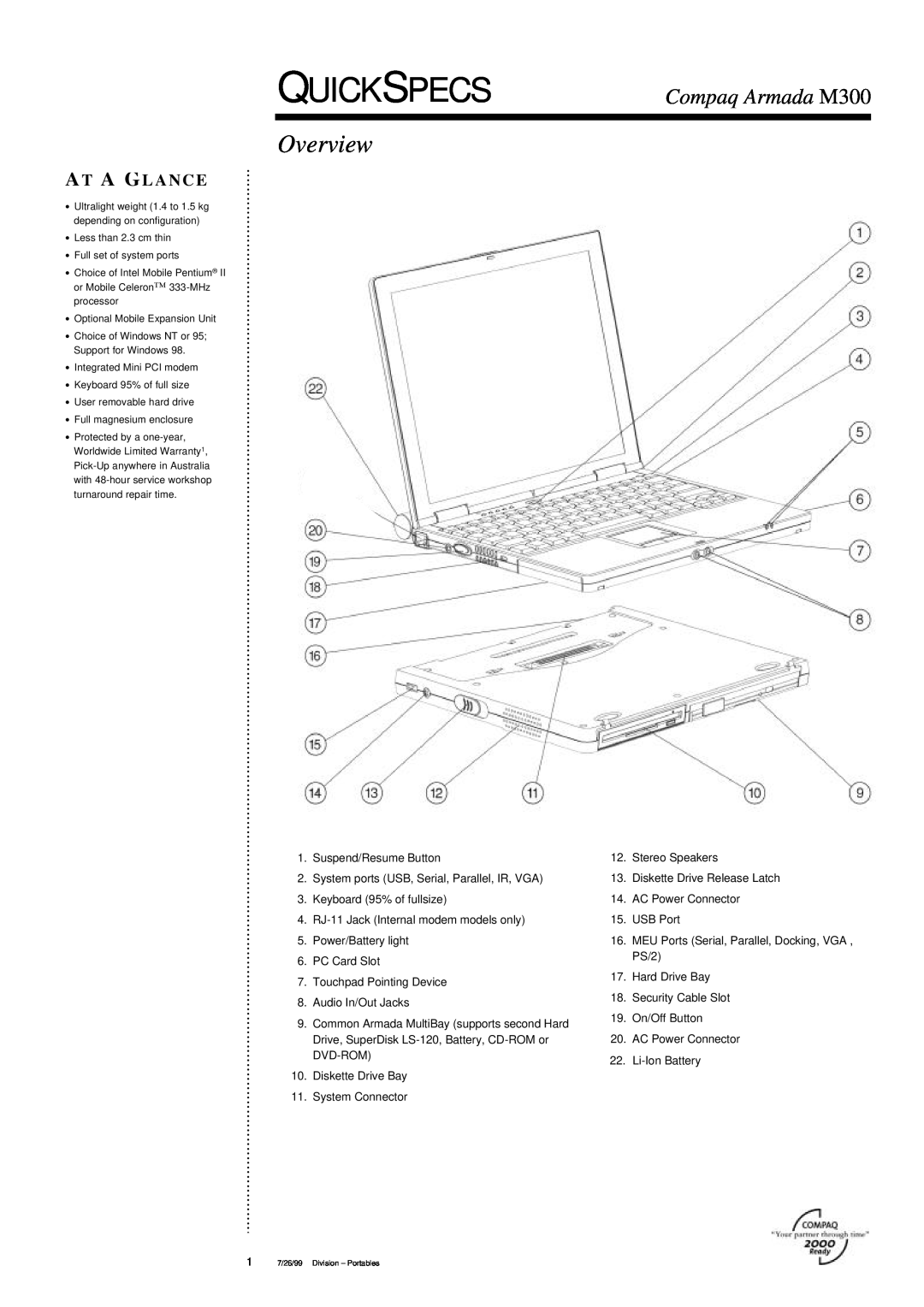 Compaq warranty Quickspecs, Overview, Compaq Armada M300, A T A G L A N C E 
