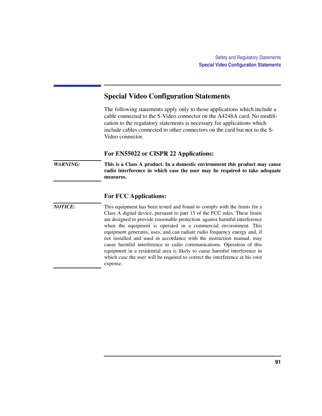 Compaq C160, C240, C180 Special Video Configuration Statements, For EN55022 or Cispr 22 Applications, For FCC Applications 