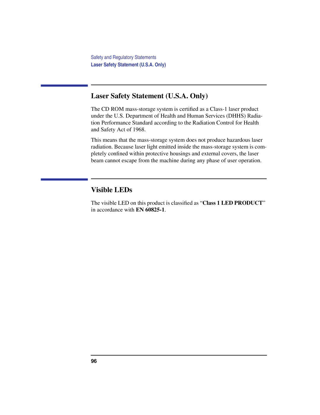 Compaq C160, C240, C180, C200, C360 manual Laser Safety Statement U.S.A. Only, Visible LEDs 