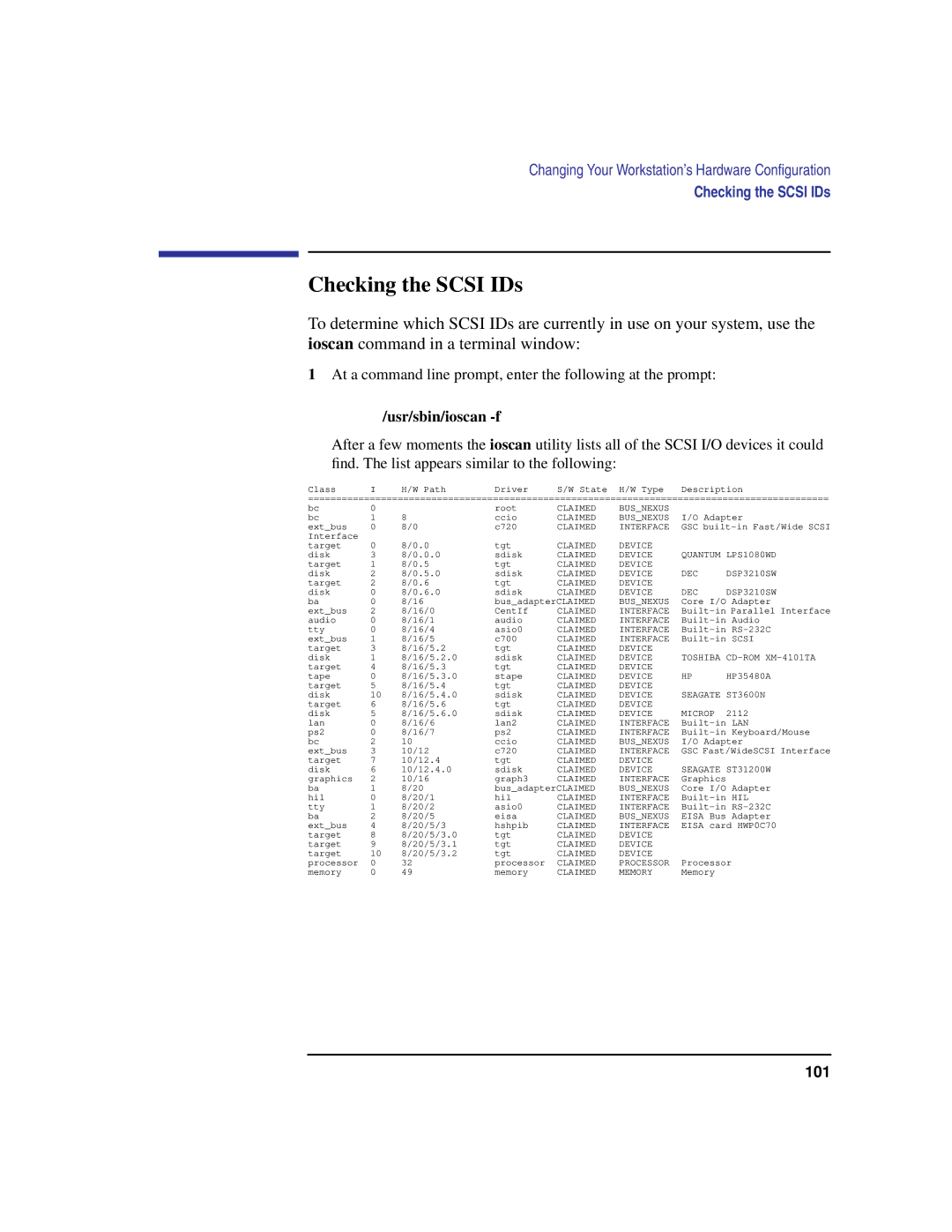 Compaq C160, C240, C180, C200, C360 manual Checking the Scsi IDs, Usr/sbin/ioscan -f 