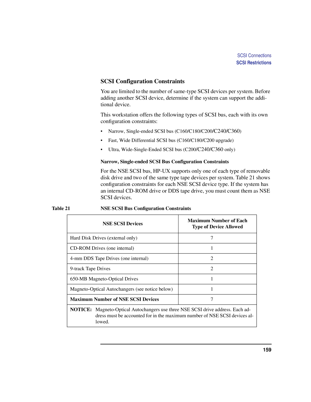 Compaq C200, C240, C180, C360, C160 Scsi Configuration Constraints, Narrow, Single-ended Scsi Bus Configuration Constraints 