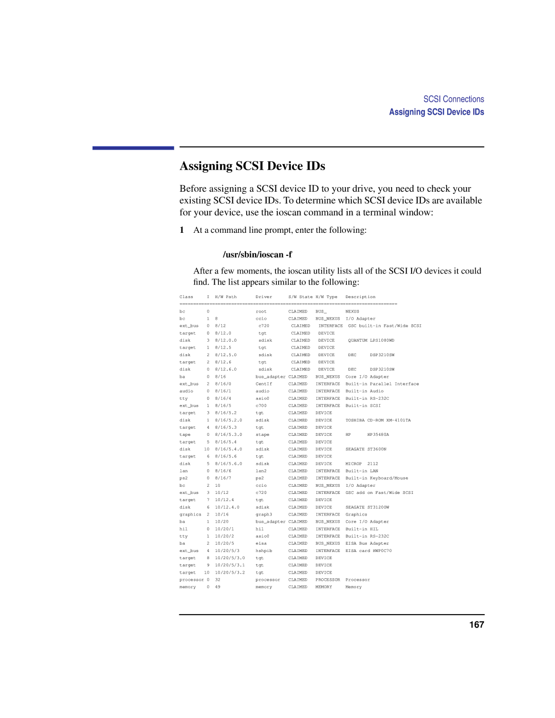 Compaq C240, C180, C200, C360, C160 manual Assigning Scsi Device IDs, Usr/sbin/ioscan -f 