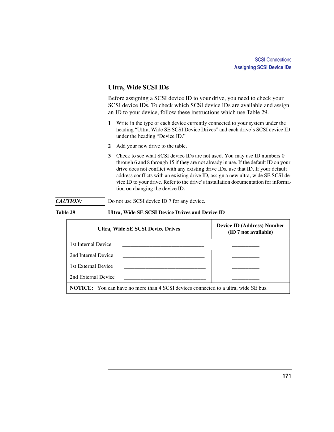 Compaq C160, C240, C180, C200, C360 manual Ultra, Wide Scsi IDs, Ultra, Wide SE Scsi Device Drives and Device ID 
