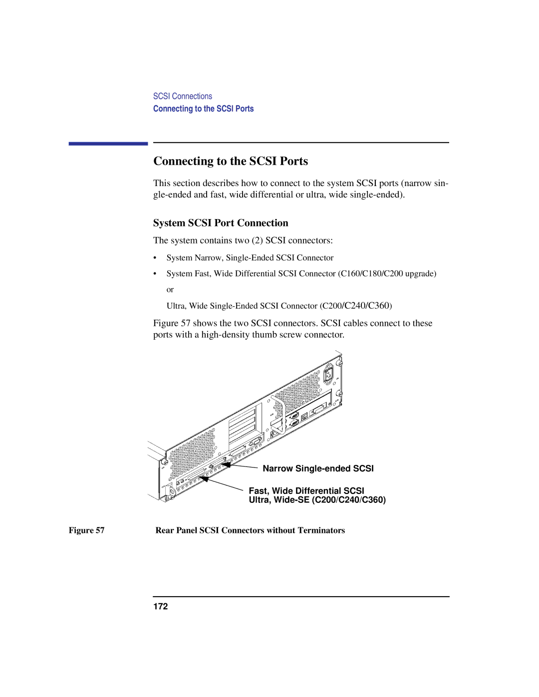 Compaq C240 Connecting to the Scsi Ports, System Scsi Port Connection, Rear Panel Scsi Connectors without Terminators 