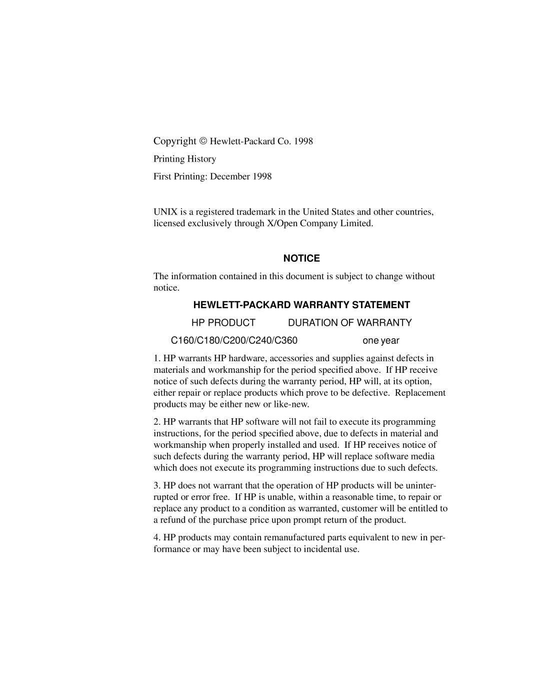 Compaq C200, C240, C180, C360, C160 manual HEWLETT-PACKARD Warranty Statement 