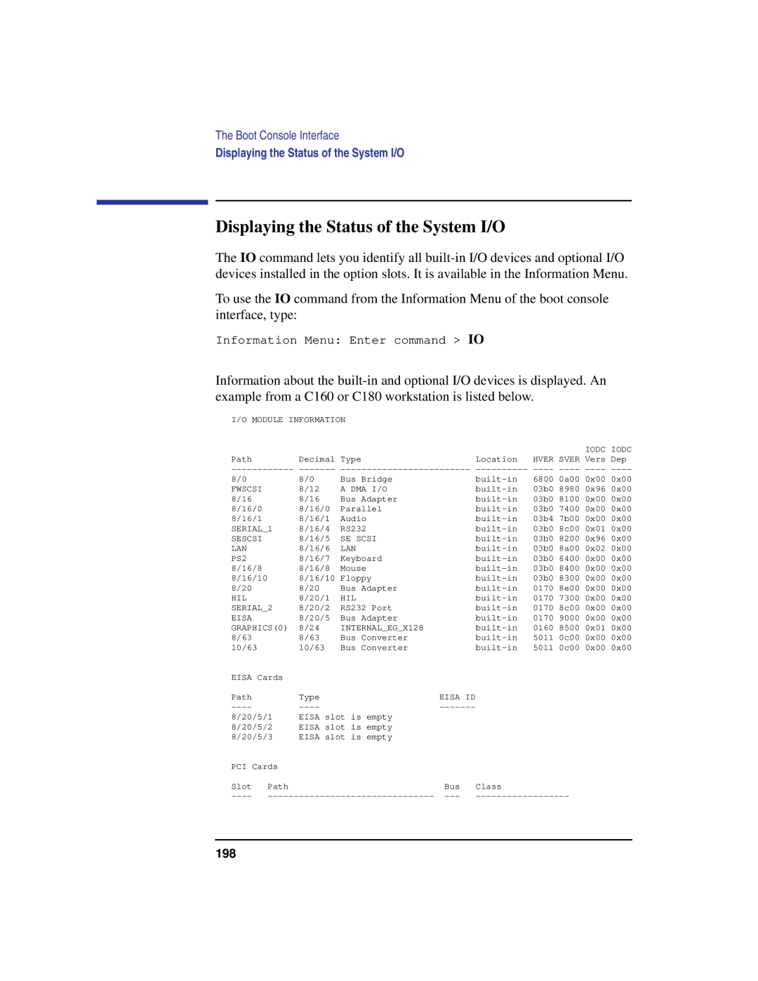 Compaq C180, C240, C200, C360, C160 manual Displaying the Status of the System I/O 