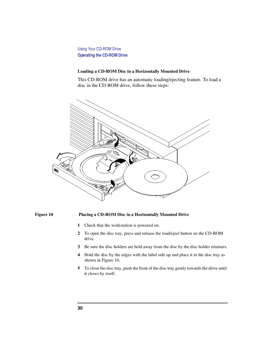 Compaq C360 Loading a CD-ROM Disc in a Horizontally Mounted Drive, Placing a CD-ROM Disc in a Horizontally Mounted Drive 