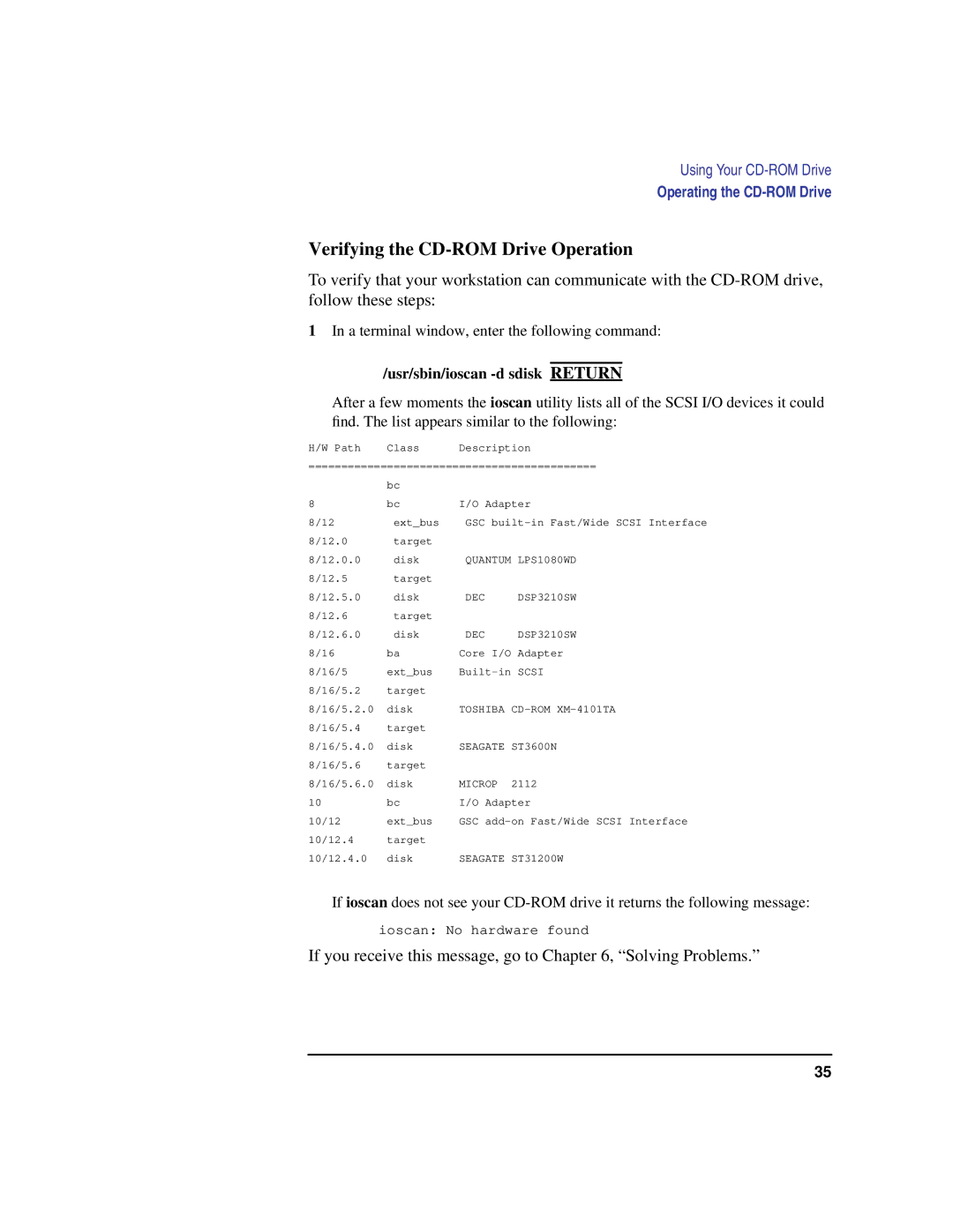 Compaq C360, C240, C180, C200, C160 manual Verifying the CD-ROM Drive Operation, Usr/sbin/ioscan -d sdisk Return 