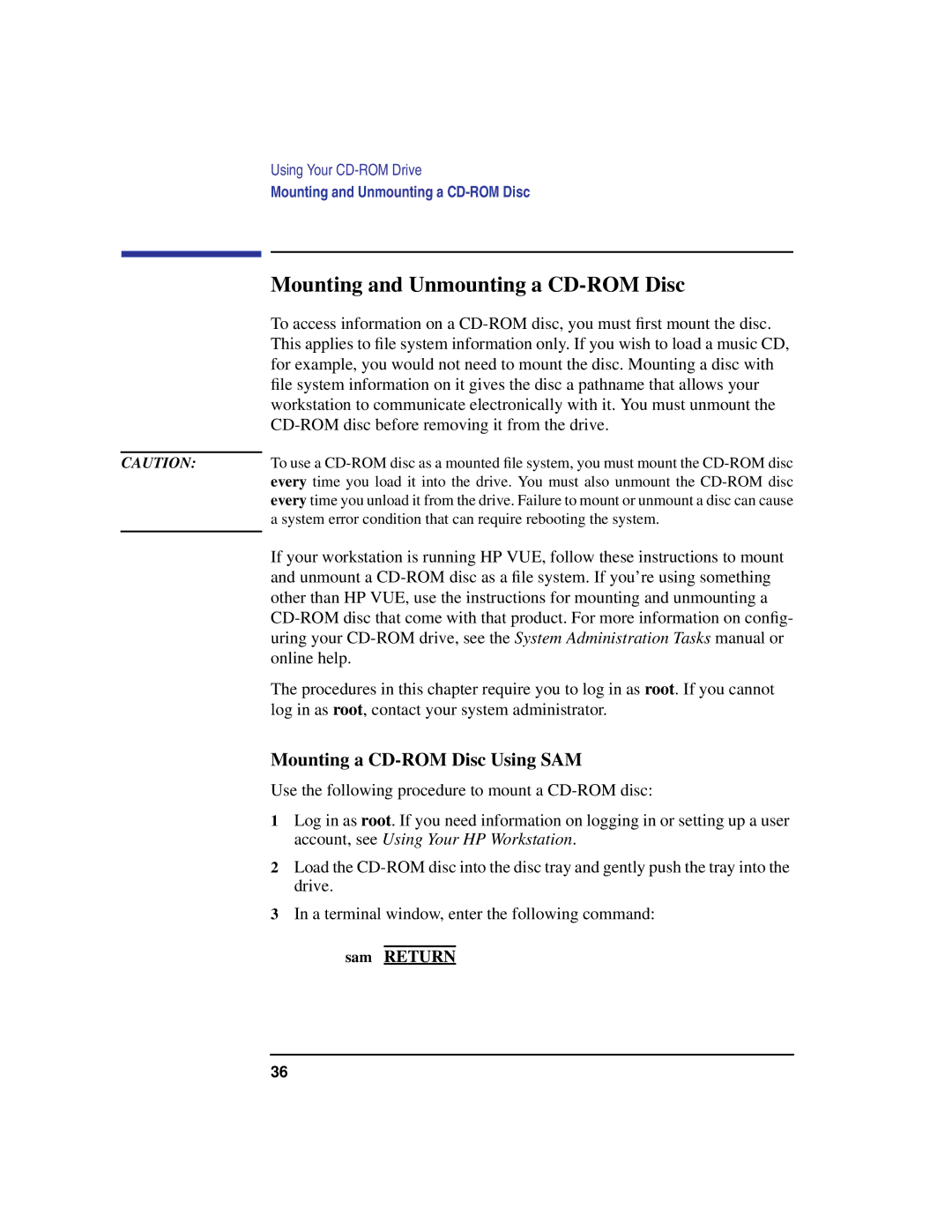 Compaq C160, C240, C180, C200, C360 manual Mounting and Unmounting a CD-ROM Disc, Mounting a CD-ROM Disc Using SAM, Sam Return 