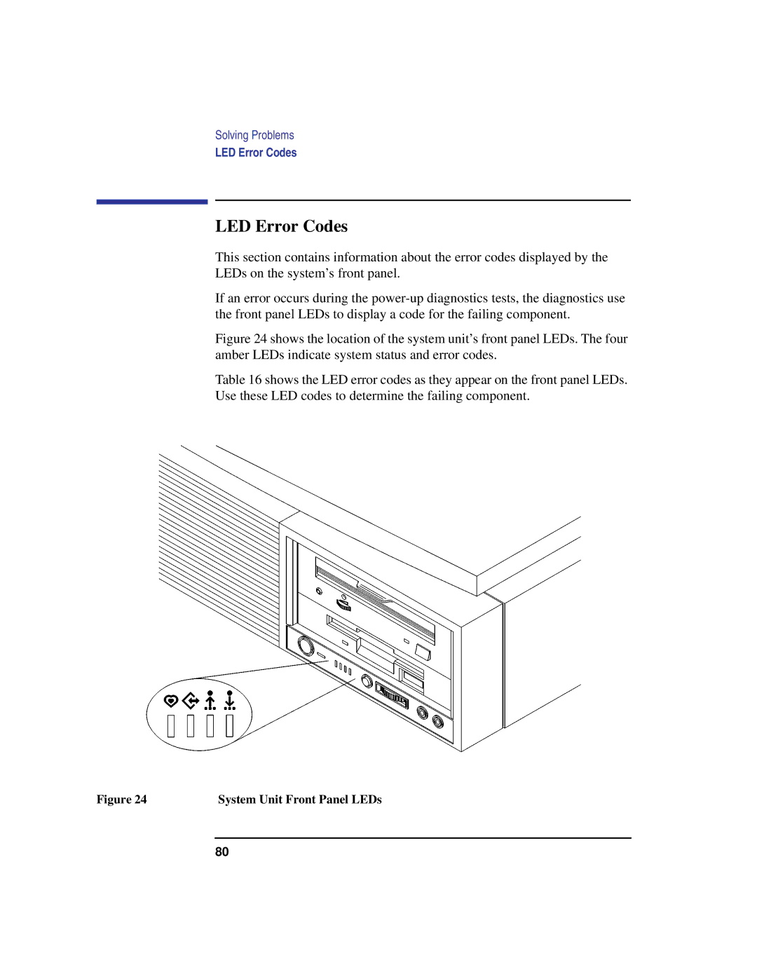 Compaq C360, C240, C180, C200, C160 manual LED Error Codes, System Unit Front Panel LEDs 