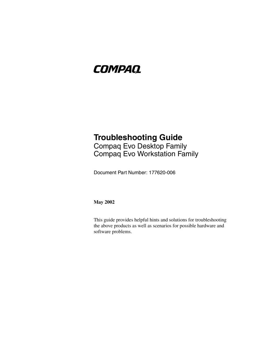 Compaq 177620-006, Compaq Evo Desktop manual Troubleshooting Guide 