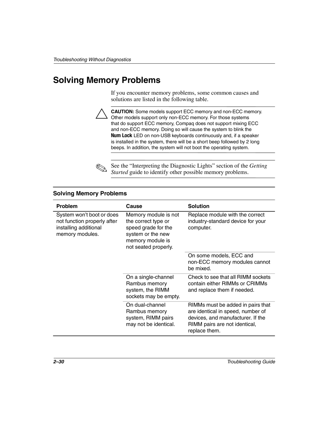 Compaq Compaq Evo Desktop, 177620-006 manual Solving Memory Problems 