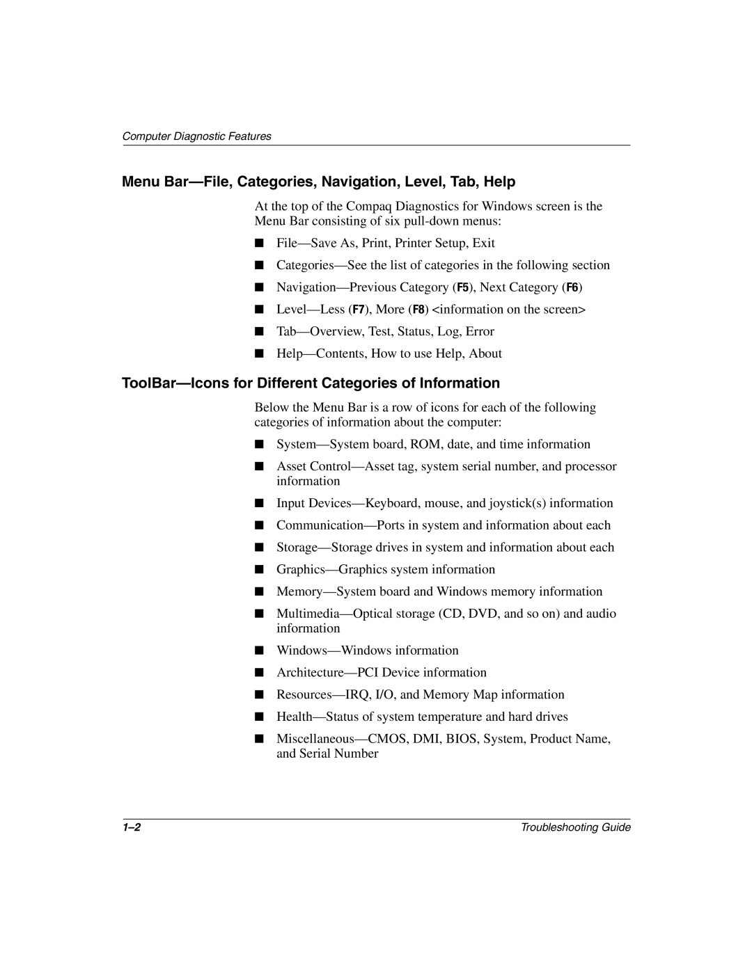 Compaq Compaq Evo Desktop, 177620-006 manual Menu Bar-File, Categories, Navigation, Level, Tab, Help 