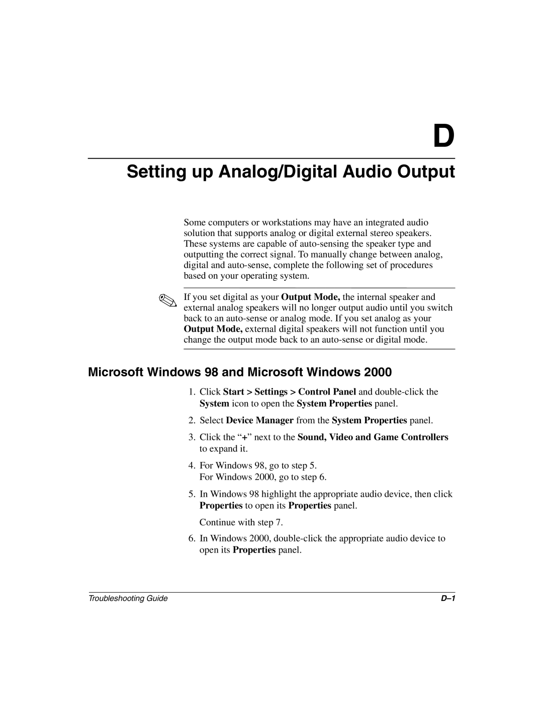 Compaq Compaq Evo Desktop, 177620-006 Setting up Analog/Digital Audio Output, Microsoft Windows 98 and Microsoft Windows 