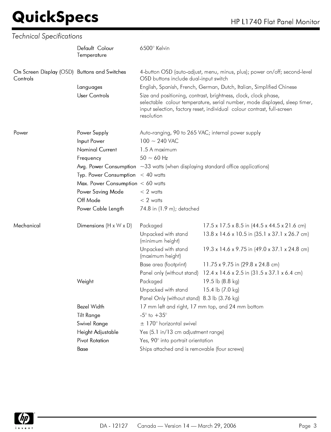 Compaq Compaq Default Colour, Temperature, Buttons and Switches, Languages, User Controls, Power Power Supply, Weight 