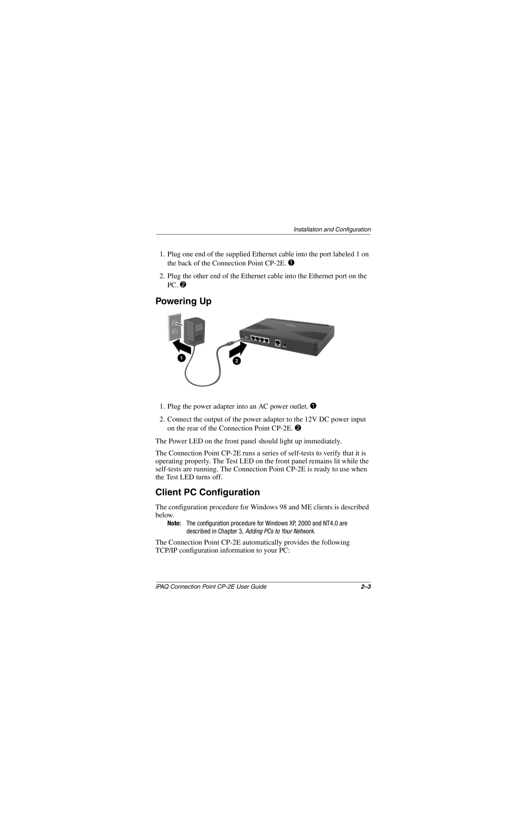 Compaq CP-2E manual Powering Up, Client PC Configuration 