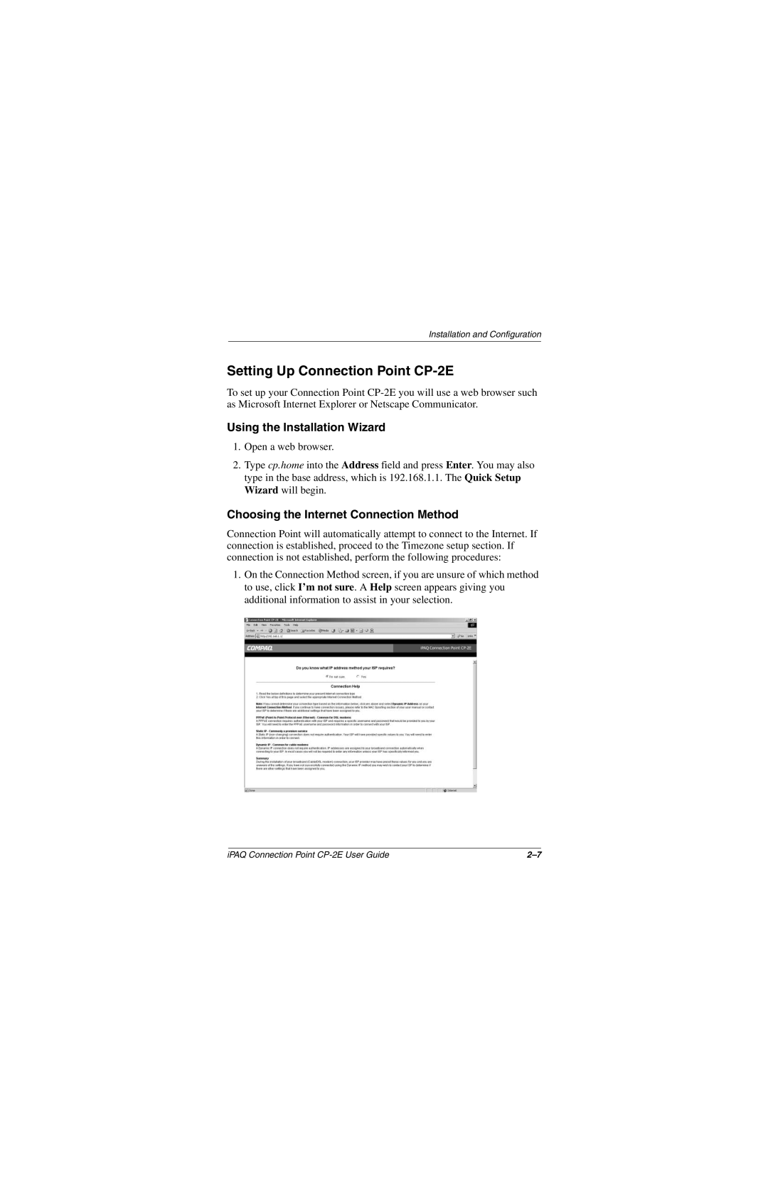 Compaq manual Setting Up Connection Point CP-2E, Using the Installation Wizard, Choosing the Internet Connection Method 