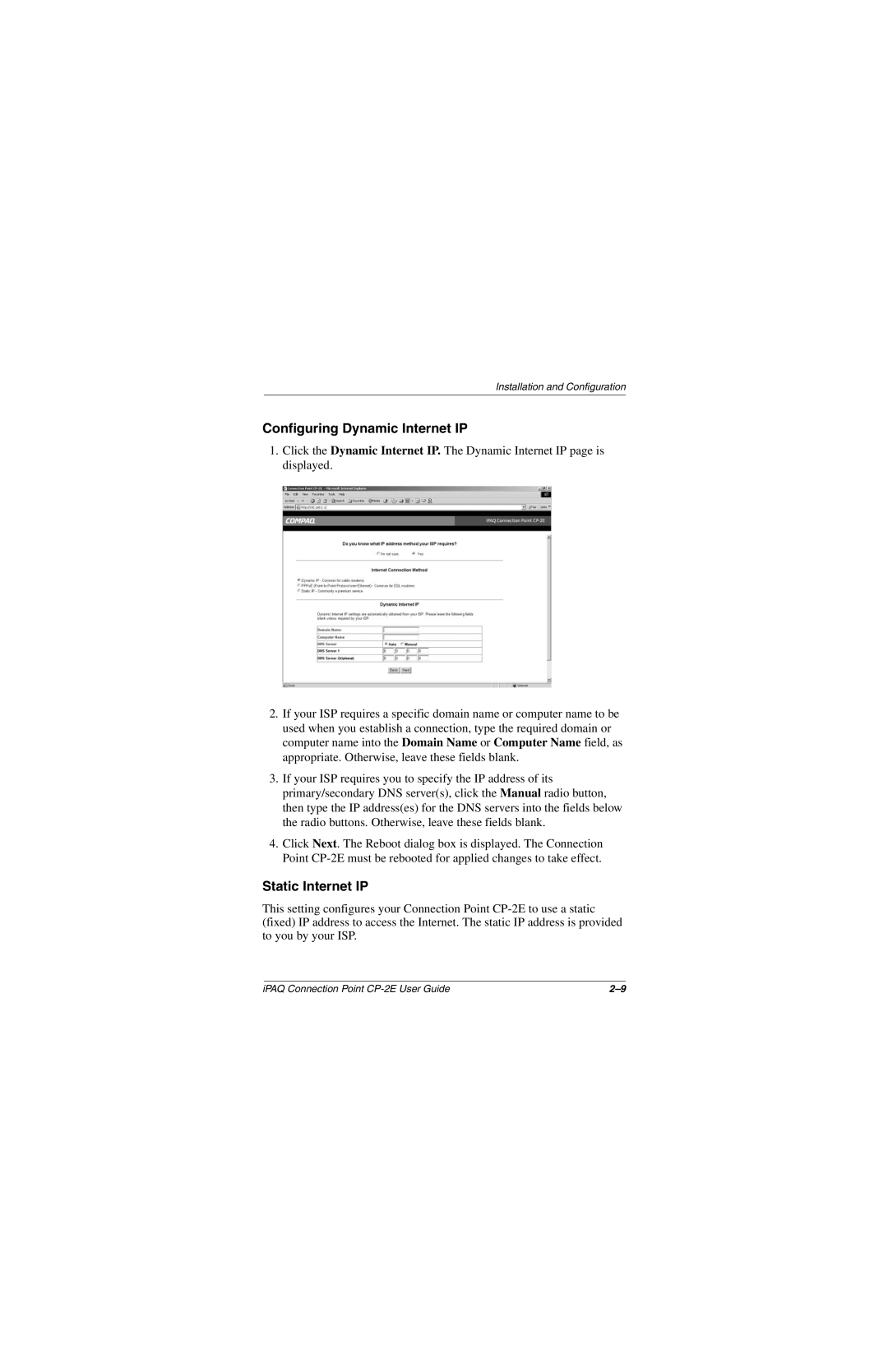 Compaq CP-2E manual Configuring Dynamic Internet IP, Static Internet IP 