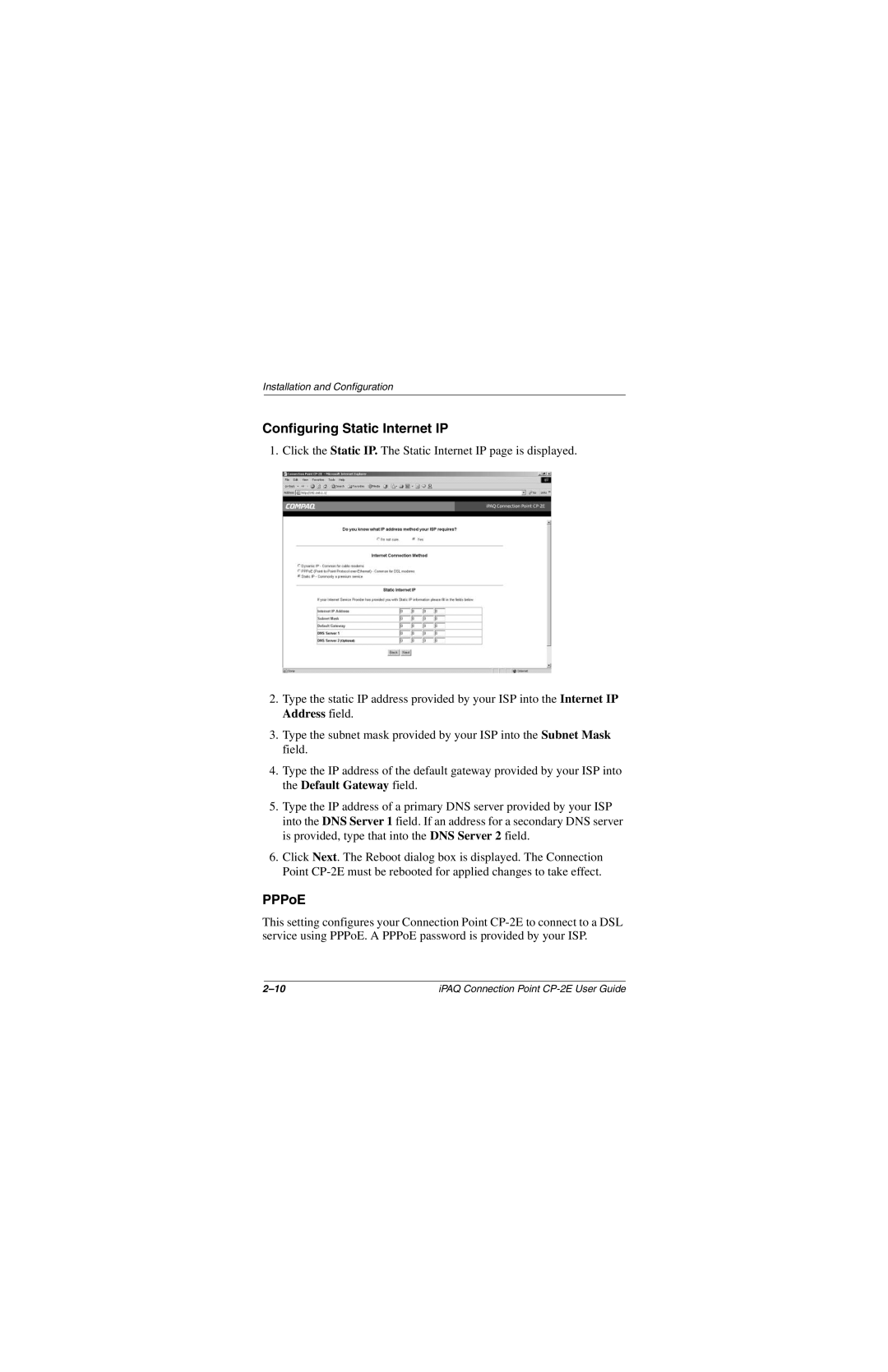 Compaq CP-2E manual Configuring Static Internet IP, PPPoE 