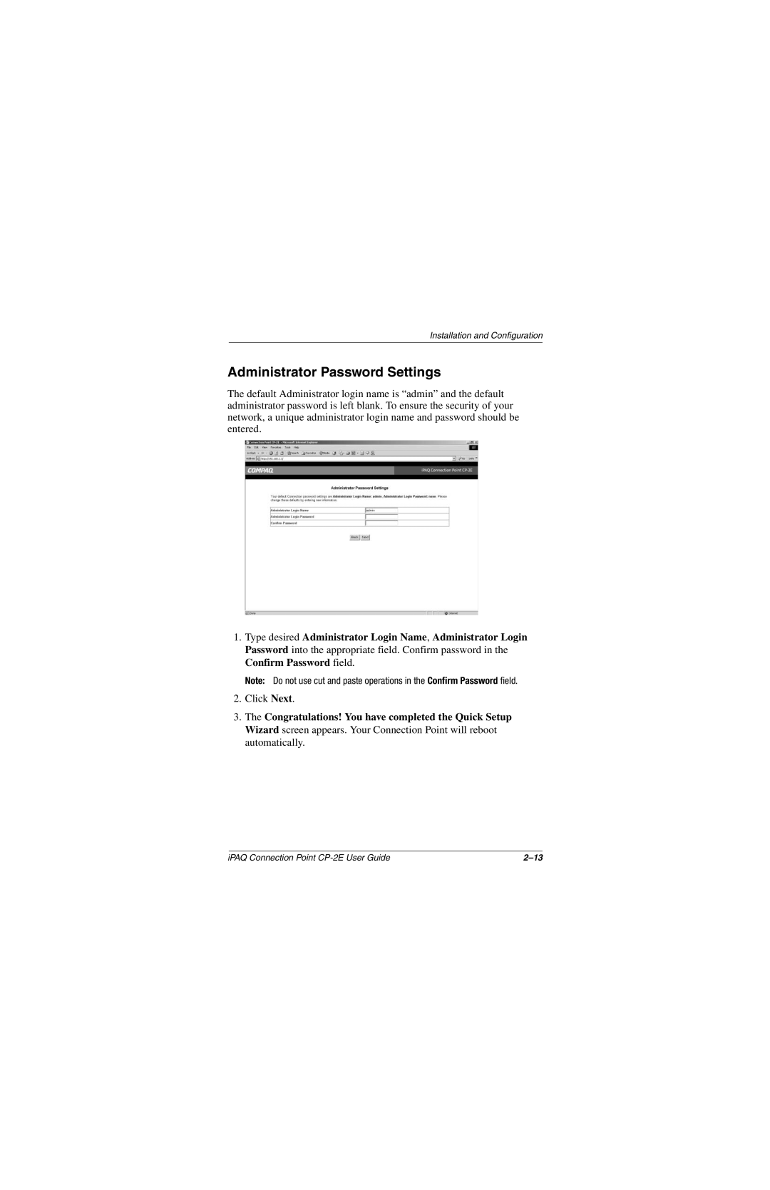 Compaq CP-2E manual Administrator Password Settings 