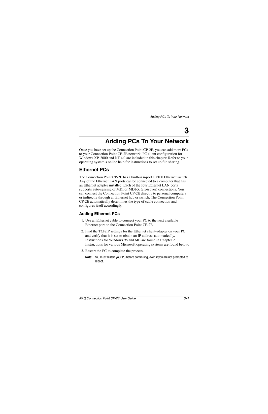 Compaq CP-2E manual Adding PCs To Your Network, Adding Ethernet PCs 