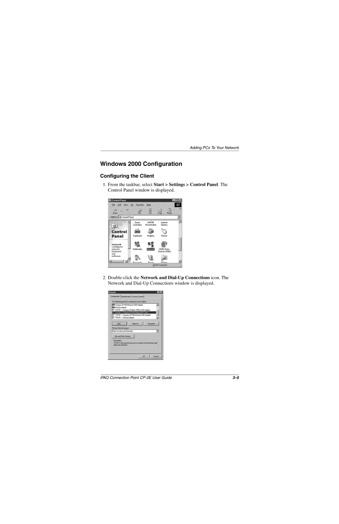 Compaq CP-2E manual Windows 2000 Configuration, Configuring the Client 