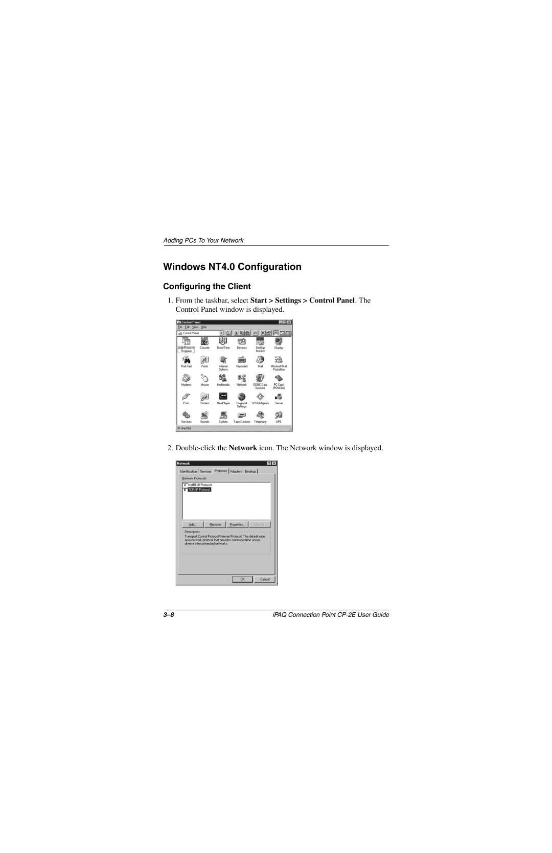 Compaq CP-2E manual Windows NT4.0 Configuration, Configuring the Client 