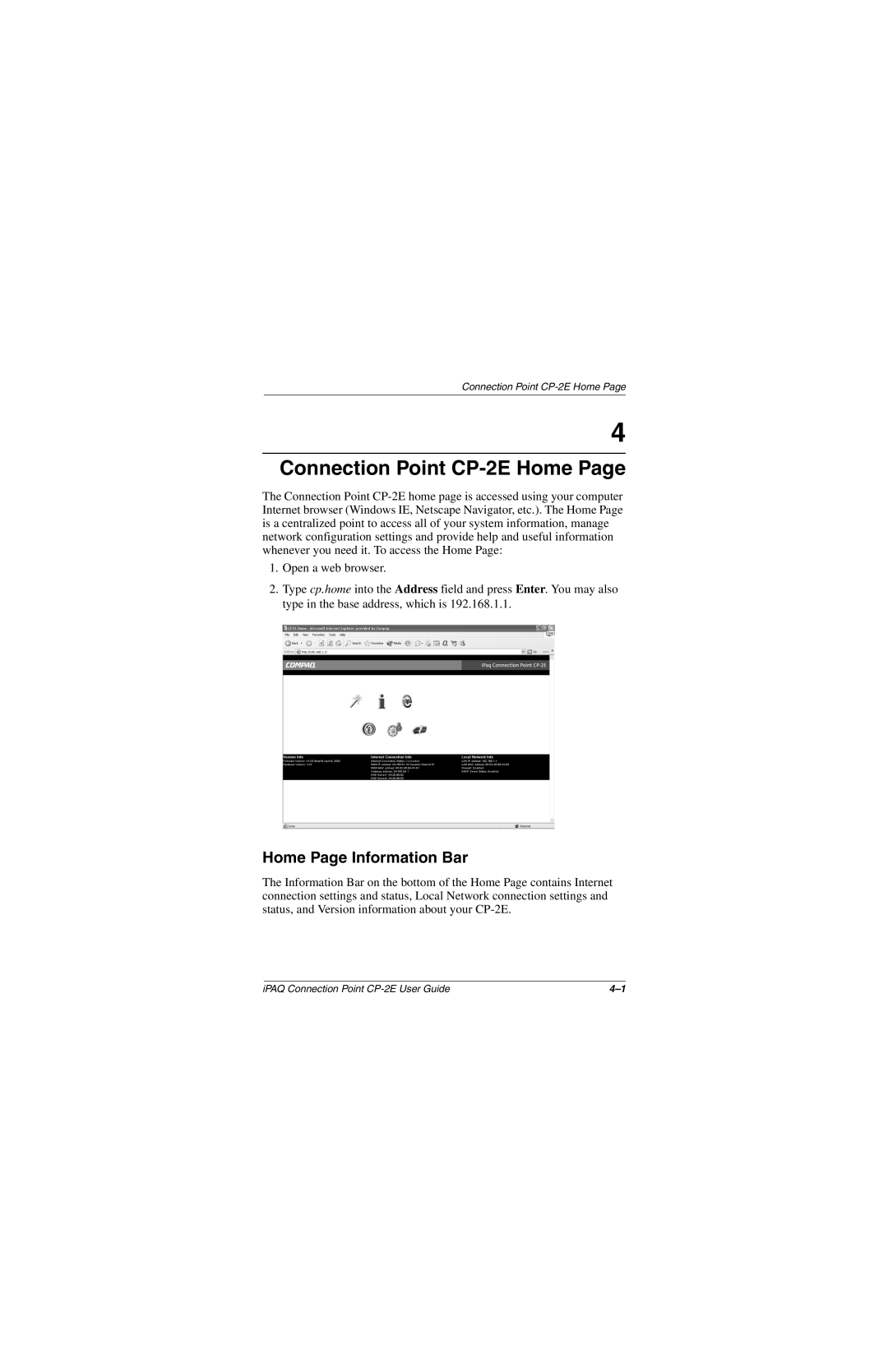 Compaq manual Connection Point CP-2E Home, Home Page Information Bar 