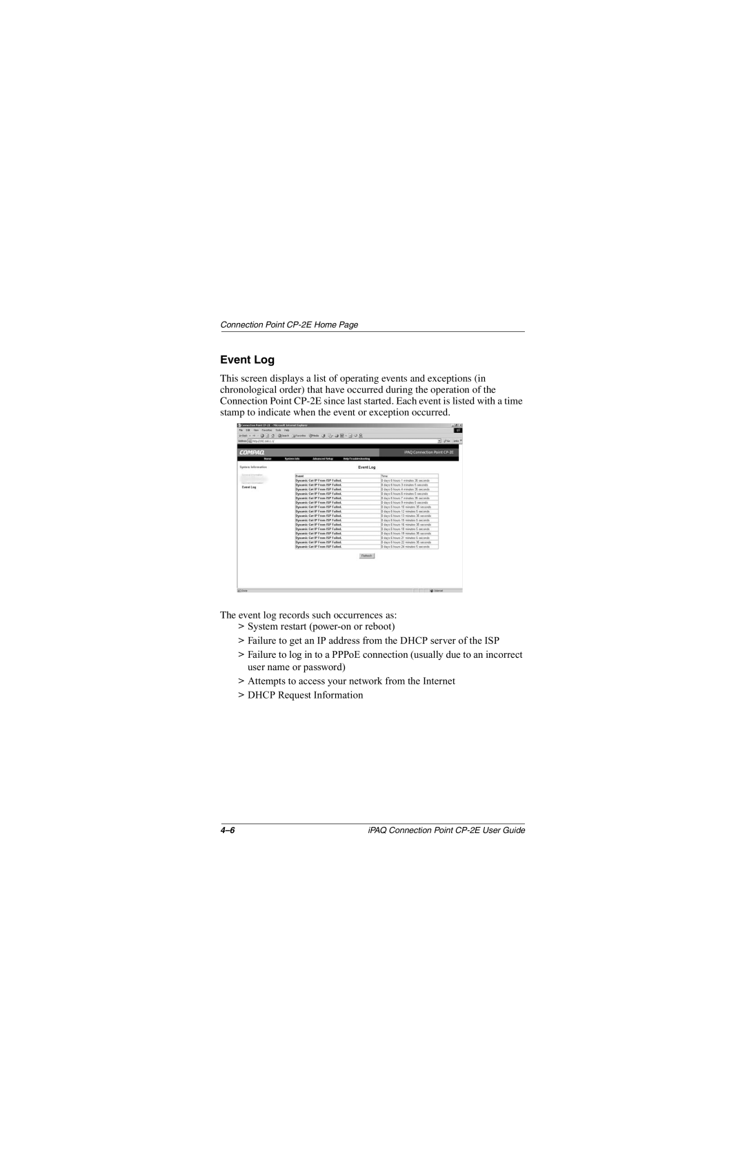 Compaq CP-2E manual Event Log 