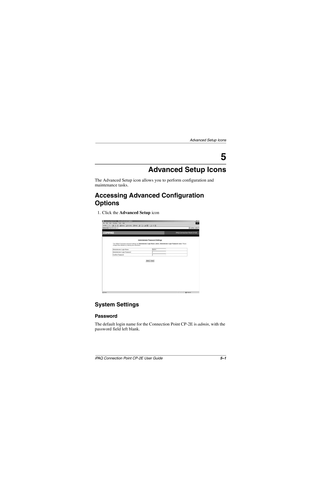 Compaq CP-2E manual Advanced Setup Icons, System Settings, Password 