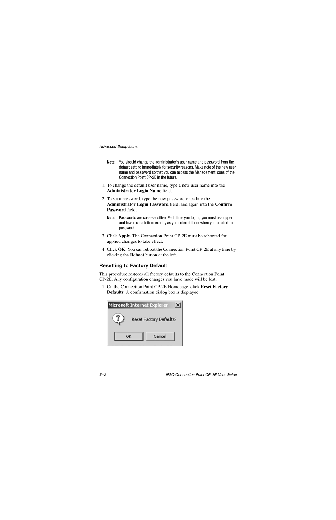 Compaq CP-2E manual Resetting to Factory Default 